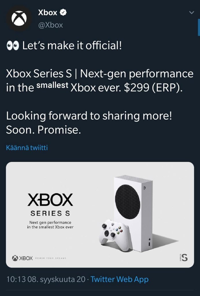 Microsoft Xbox Twitter account confirming Xbox Series S at 299 dollars.