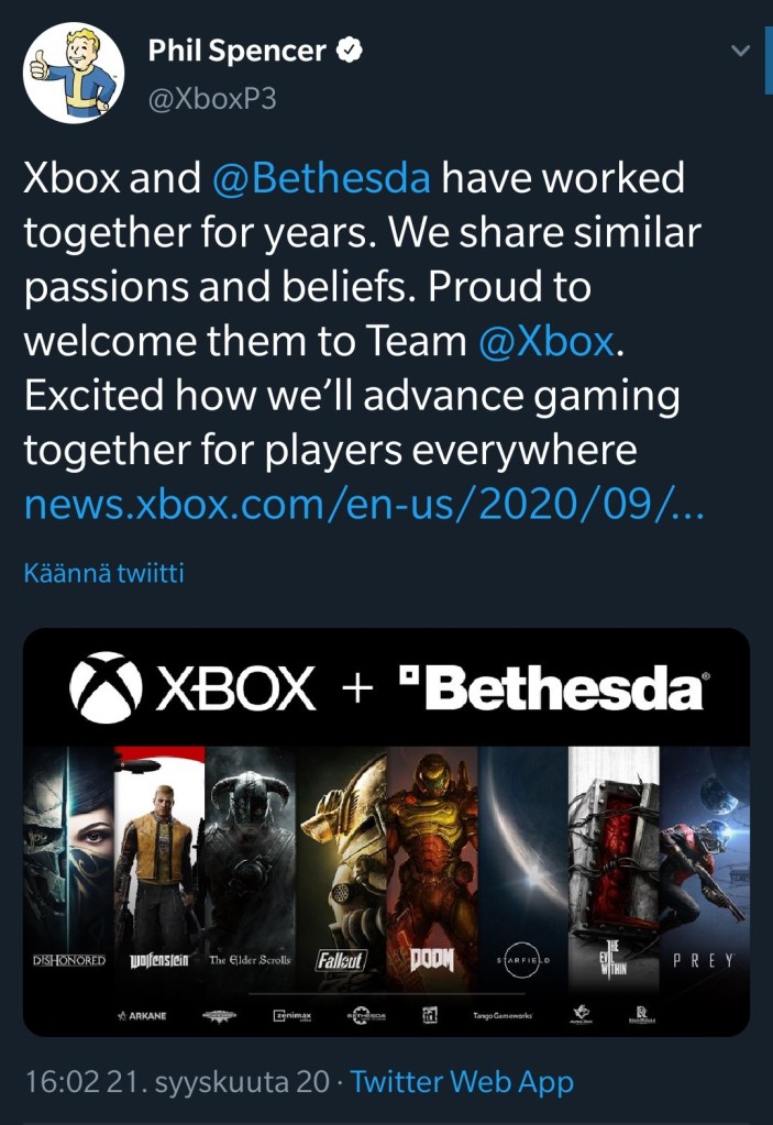 Xbox Boss Phil Spencer tweets about acquiring Bethesda
