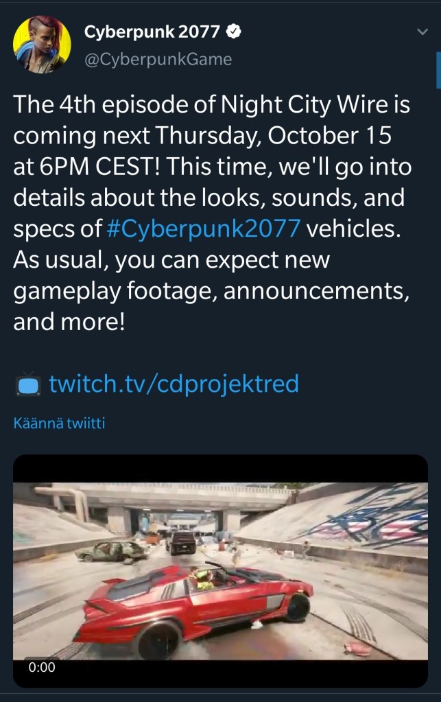 Official Cyberpunk 2077 tweet announcing the Night City Wire episode 4.