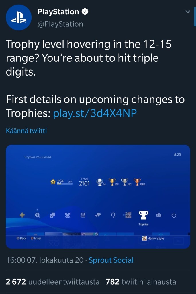 The official PlayStation tweet about revamping the trophy leveling system.