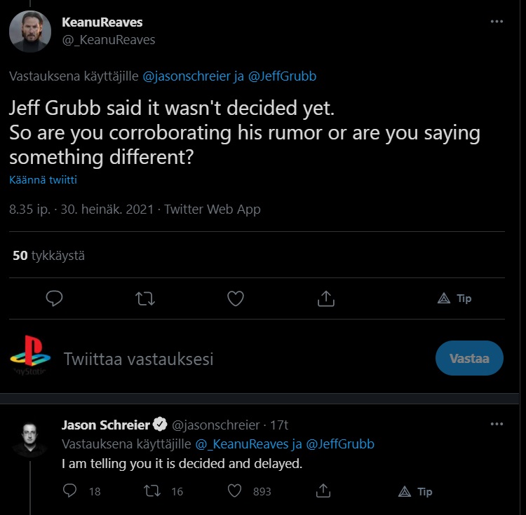 Image of Jason's reply tweet to clarify the certainty of the delay.